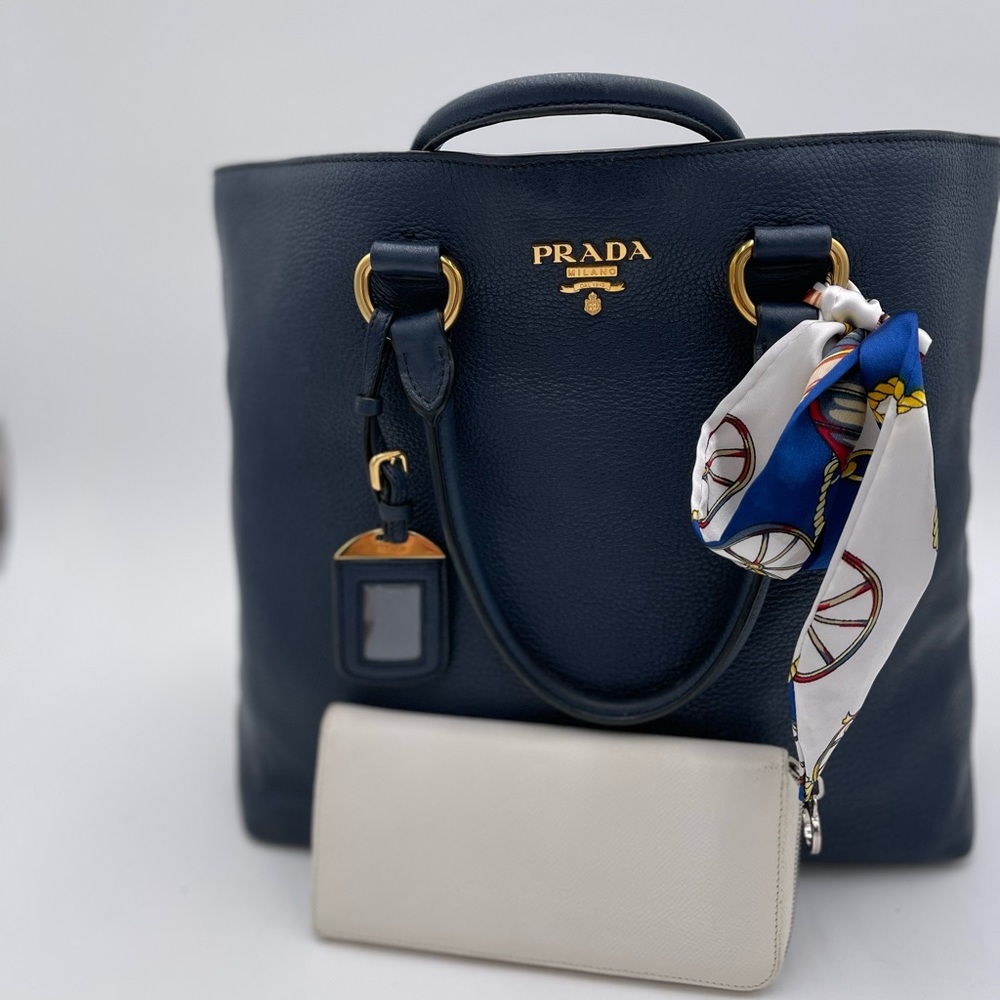Prada Navy Blue Tote with White Scarf Accent
